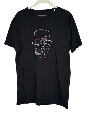 John Varvatos Black Tee Shirt Skull Top Artisanal Whip Stitch Embroidery M